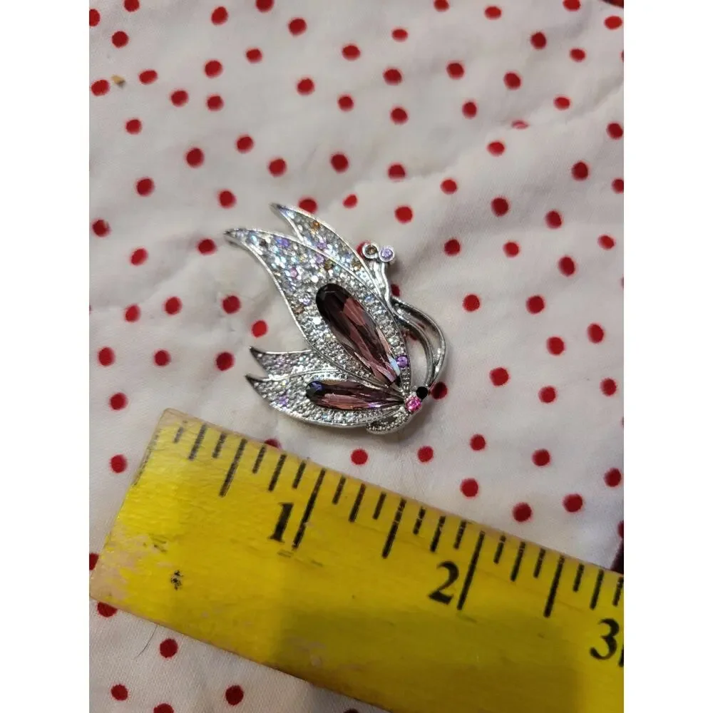 Silver Tone Butterfly Brooch Pin Purple Marquise Crystal Rhinestone Pavé Setting